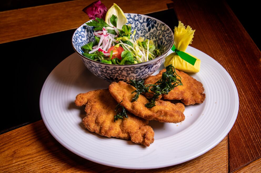Fried chicken with a small bowl of salad at Restaurant Benediktus in Salzkammergut